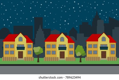 Vector city with three two-story cartoon houses and green trees at night. Summer urban landscape. Street view with cityscape on a background
