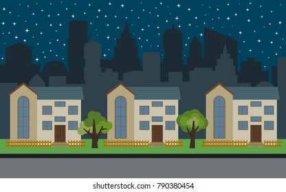 Vector city with three two-story cartoon houses and green trees at night. Summer urban landscape. Street view with cityscape on a background
