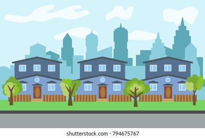 Vector city with three two-story cartoon houses and green trees in the sunny day. Summer urban landscape. Street view with cityscape on a background