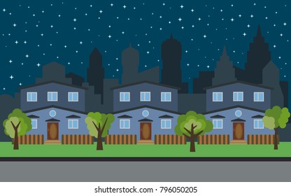 Vector city with three two-story cartoon houses and green trees at night. Summer urban landscape. Street view with cityscape on a background
