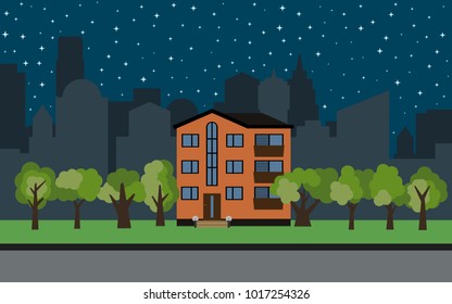 Vector city with three-story cartoon house and green trees at night. Summer urban landscape. Street view with cityscape on a background
