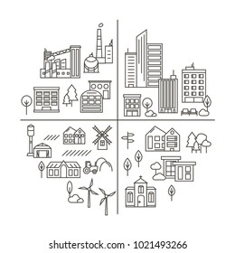 Vector City, Town and Countryside Illustration in Linear Style - buildings, factories, park, farming and church. Thin line art icons.