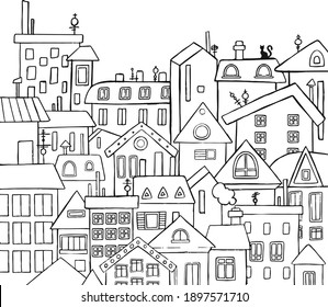 Vector City, Town and Countryside Illustration in Linear Style - buildings, skyscraper, church, factory, barn.