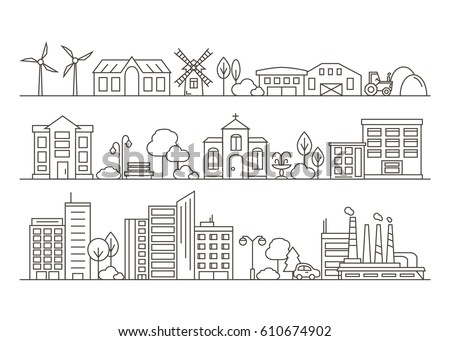 Vector City, Town and Countryside Illustration in Linear Style - buildings, skyscraper, church, park, factory, barn, mill, tractor and trees. Thin line art icons.