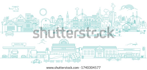 Vector City, Town and\
Countryside Illustration in Linear Style - buildings, skyscraper,\
church, park, factory, barn, mill, tractor and trees. Thin line art\
icons