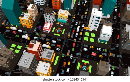 Vector city. Town district. Street Intersection road traffic. Colorful very high detail illustration. Cars end buildings top view.