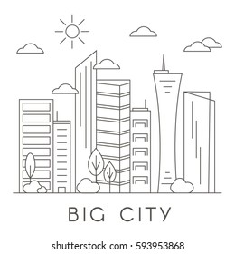 Vector City and Town Illustration in Linear Style - buildings, skyscrapers and trees. Thin line art icons. City design elements for map.