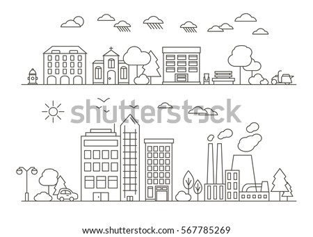 Vector City and Town Illustration in Linear Style - buildings, skyscraper, church, park, factory, hydrant and trees. Thin line art icons. City and park design elements for map.