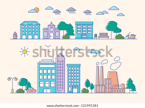 Vector City and Town\
Illustration in Linear Style - buildings, skyscraper, church, park,\
factory, hydrant and trees. Thin line art icons. City and park\
design elements for\
map.