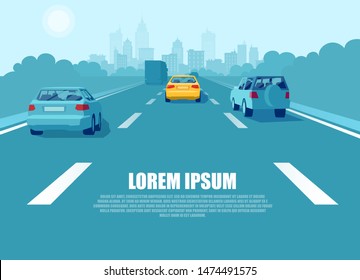 Vector of a city transport with cars and trucks driving on a highway 