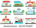 Vector city transportation places set. Bus stop, metro, railway, gas station clipart. Cute flat hospital, school, airport, seaport icons. Funny public transport destination points for town map
