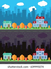 Vector city with two cartoon houses in the day and night. Summer urban landscape. Street view with cityscape on a background
