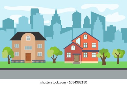 Vector city with two three-story cartoon houses and green trees in the sunny day. Summer urban landscape. Street view with cityscape on a background