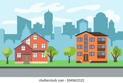 Vector city with two three-story cartoon houses and green trees in the sunny day. Summer urban landscape. Street view with cityscape on a background

