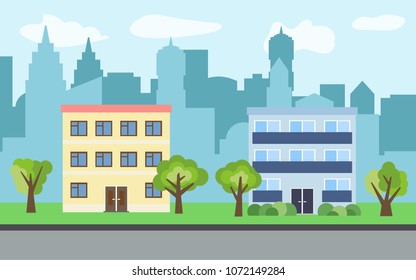 Vector city with two three-story cartoon houses and green trees in the sunny day. Summer urban landscape. Street view with cityscape on a background
