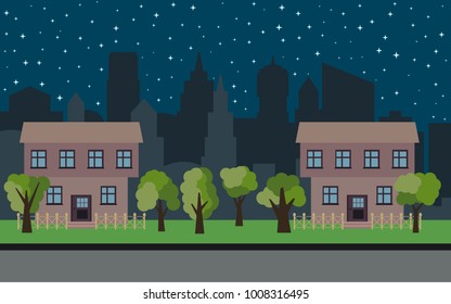 Vector city with two two-story cartoon houses and green trees at night. Summer urban landscape. Street view with cityscape on a background