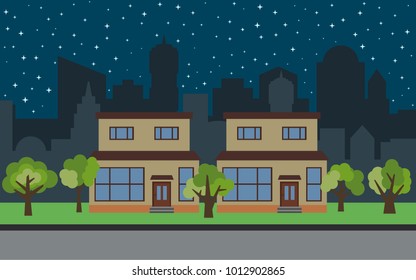 Vector city with two two-story cartoon houses and green trees at night. Summer urban landscape. Street view with cityscape on a background
