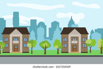 Vector city with two two-story cartoon houses and green trees in the sunny day. Summer urban landscape. Street view with cityscape on a background