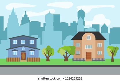 Vector city with two two-story cartoon houses and green trees in the sunny day. Summer urban landscape. Street view with cityscape on a background