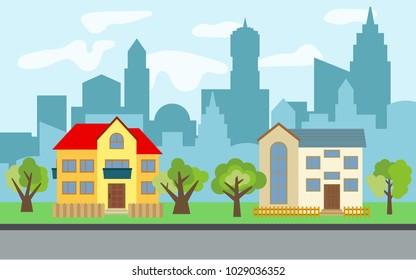 Vector city with two two-story cartoon houses and green trees in the sunny day. Summer urban landscape. Street view with cityscape on a background
