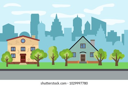 Vector city with two two-story cartoon houses and green trees in the sunny day. Summer urban landscape. Street view with cityscape on a background