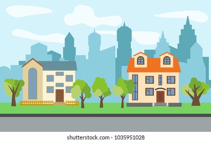 Vector city with two two-story cartoon houses and green trees in the sunny day. Summer urban landscape. Street view with cityscape on a background