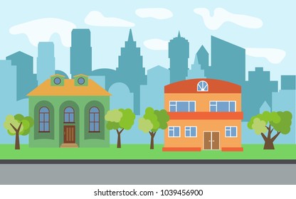 Vector city with two two-story cartoon houses and green trees in the sunny day. Summer urban landscape. Street view with cityscape on a background