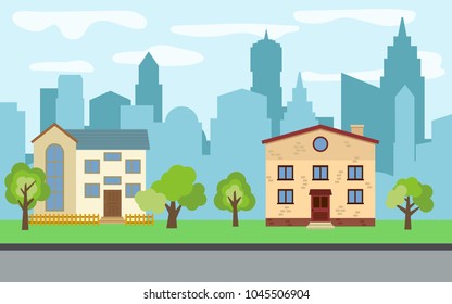 Vector city with two two-story cartoon houses and green trees in the sunny day. Summer urban landscape. Street view with cityscape on a background