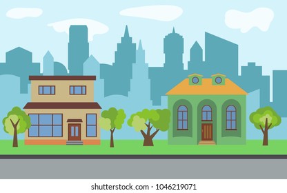 Vector city with two two-story cartoon houses and green trees in the sunny day. Summer urban landscape. Street view with cityscape on a background
