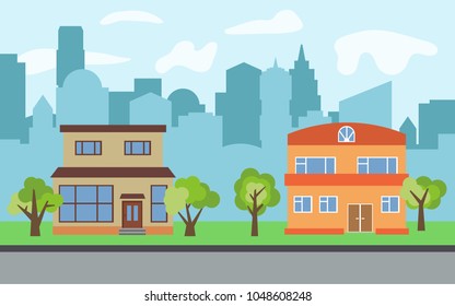 Vector city with two two-story cartoon houses and green trees in the sunny day. Summer urban landscape. Street view with cityscape on a background