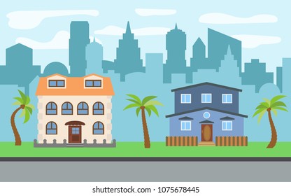 Vector city with two two-story cartoon houses and palm trees in the sunny day. Summer urban landscape. Street view with cityscape on a background
