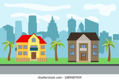 Vector city with two two-story cartoon houses and palm trees in the sunny day. Summer urban landscape. Street view with cityscape on a background