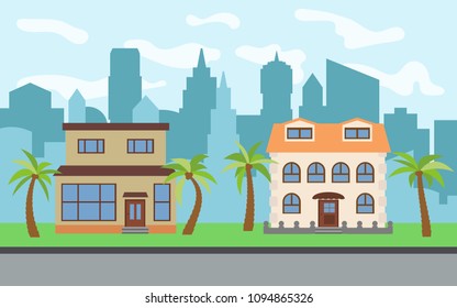 Vector city with two two-story cartoon houses and palm trees in the sunny day. Summer urban landscape. Street view with cityscape on a background
