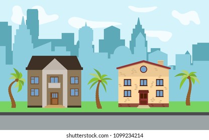 Vector city with two two-story cartoon houses and palm trees in the sunny day. Summer urban landscape. Street view with cityscape on a background
