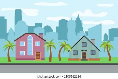 Vector city with two two-story cartoon houses and palm trees in the sunny day. Summer urban landscape. Street view with cityscape on a background

