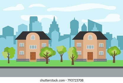 Vector city with two two-story cartoon houses and green trees in the sunny day. Summer urban landscape. Street view with cityscape on a background

