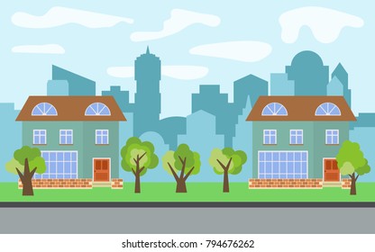 Vector city with two two-story cartoon houses and green trees in the sunny day. Summer urban landscape. Street view with cityscape on a background
