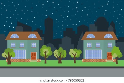 Vector city with two two-story cartoon houses and green trees at night. Summer urban landscape. Street view with cityscape on a background
