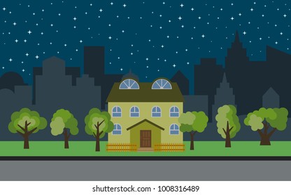 Vector city with two-story cartoon houses and green trees at night. Summer urban landscape. Street view with cityscape on a background
