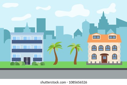 Vector city with two-story and three-story cartoon houses and palm trees in the sunny day. Summer urban landscape. Street view with cityscape on a background
