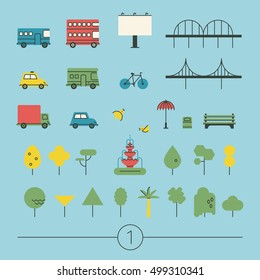 Vector city, vehicles and street design elements. Construct your city. Linear style. Vector illustration