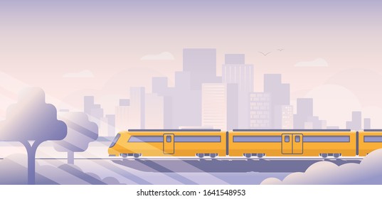 Vector city view illustration. Neutral background color. City train.