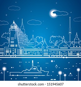 Vector city of white lines, neon town, ship on the water 