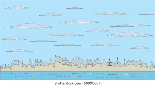 Vector cityscape abstract illustration
clouds in the sky and sea, cartoon style 