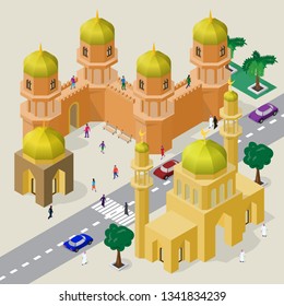Vector cityscape in arabian style. Set of isometric buildings, mosque, minarets, fortress wall with towers, roadway, benches, trees, cars and people.