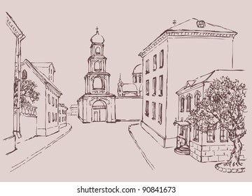 Vector cityscape. The architectural complex of the old city wall and the bell tower with Orthodox Cathedral of two-storey houses