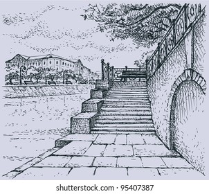 Vector cityscape. Architectural motif of old stone quay. Steps to the alley with a bench to rest