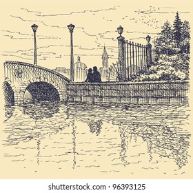 Vector cityscape. Architectural motif of the old city. Couple admiring the evening sunset over the canal bridge with lanterns around the park fence