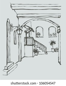 Vector cityscape. Arcuate passage with a lantern in a cozy old courtyard with flowers
