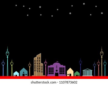 Vector cityscape black background at night, icons, logos, illustrations